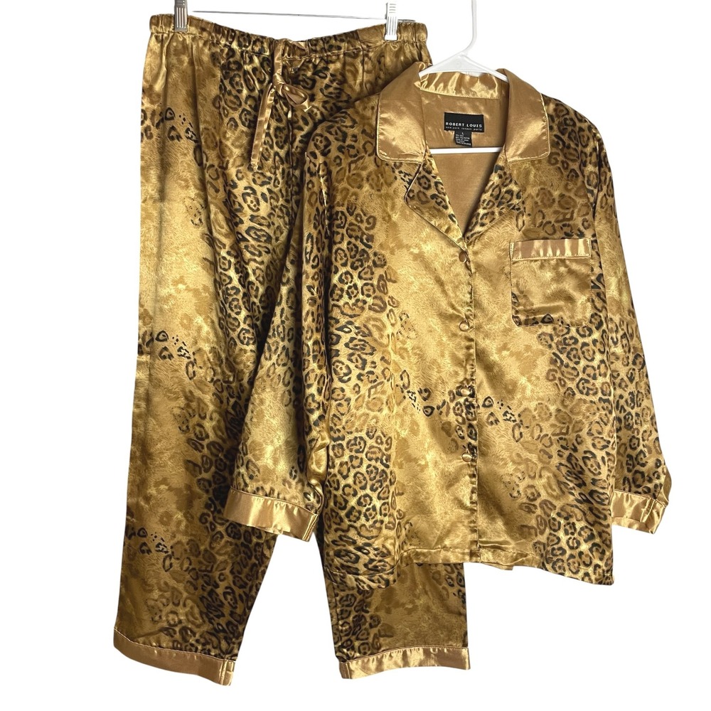 Robert Louis Womens Silk Pajamas Gold Satin Leopard Top L Bottoms M Lounge READ